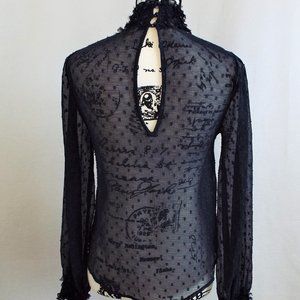 Zara Navy Blue Crinkle Chiffon Sheer Swiss Dot Ruffle Blouse Size Small